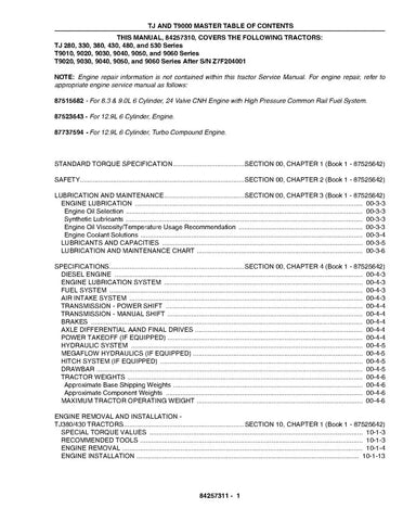 NEW HOLLAND T9010, T9020, T9030, T9040, T9050, T9060, TJ280, TJ330, TJ380, TJ430, TJ480 AND TJ530 4WD ARTICULATED TRACTOR SERVICE MANUAL - PDF FILE