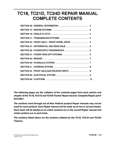 NEW HOLLAND TC18, TC21D AND TC24D COMPACT TRACTOR REPAIR MANUAL - PDF FILE