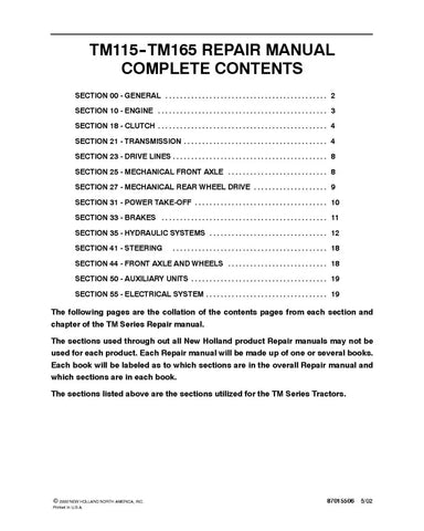 NEW HOLLAND TM115, TM125, TM135, TM150 AND TM165 TRACTOR REPAIR MANUAL - PDF FILE