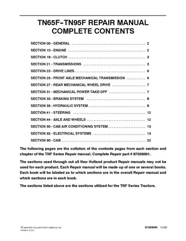 NEW HOLLAND TN65F, TN70F, TN75F, TN80F, TN90F AND TN95F TRACTOR REPAIR MANUAL - PDF FILE