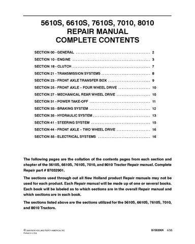 NEW HOLLAND 5610S, 6610S, 7010, 7610S AND 8010 TRACTOR REPAIR MANUAL - PDF FILE