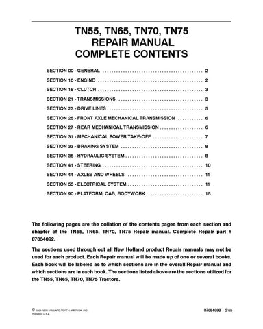 NEW HOLLAND TN55, TN65, TN70 AND TN75 TRACTOR REPAIR MANUAL - PDF FILE