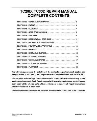 NEW HOLLAND TC29D AND TC33D COMPACT TRACTOR REPAIR MANUAL - PDF FILE