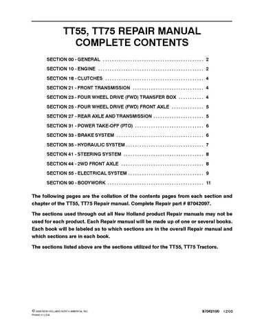 NEW HOLLAND TT55 AND TT75 TRACTOR REPAIR MANUAL - PDF FILE