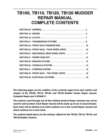 NEW HOLLAND TB100, TB110 AND TB120 MUDDER TRACTOR REPAIR MANUAL - PDF FILE