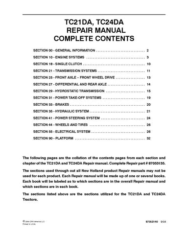 NEW HOLLAND TC21DA AND TC24DA COMPACT TRACTOR REPAIR MANUAL - PDF FILE