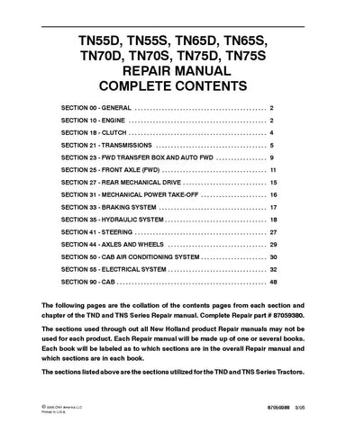 NEW HOLLAND TN55D, TN55S, TN65D, TN65S, TN70D, TN70S, TN75D AND TN75S TRACTOR REPAIR MANUAL - PDF FILE