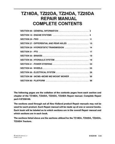 NEW HOLLAND TZ18DA, TZ22DA, TZ24DA AND TZ25DA COMPACT TRACTOR REPAIR MANUAL - PDF FILE