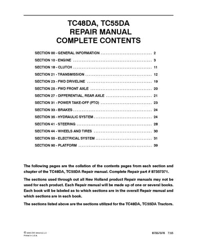 NEW HOLLAND TC48DA AND TC55DA COMPACT TRACTOR REPAIR MANUAL - PDF FILE