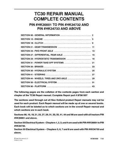 NEW HOLLAND TC30 COMPACT TRACTOR REPAIR MANUAL - PDF FILE