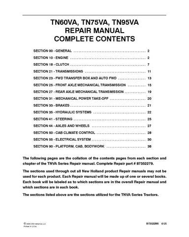 NEW HOLLAND TN60VA, TN75VA AND TN95VA TRACTOR REPAIR MANUAL - PDF FILE