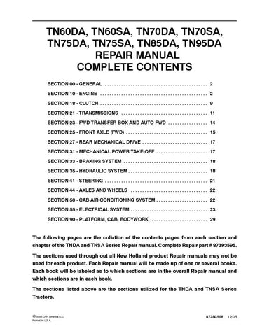 NEW HOLLAND TN60DA, TN60SA, TN70DA, TN70SA, TN75DA, TN75SA, TN85DA AND TN95DA TRACTOR REPAIR MANUAL - PDF FILE