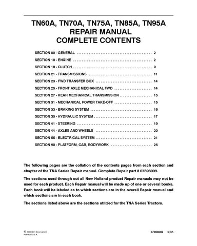 NEW HOLLAND TN60A, TN70A, TN75A, TN85A AND TN95A TRACTOR REPAIR MANUAL - PDF FILE