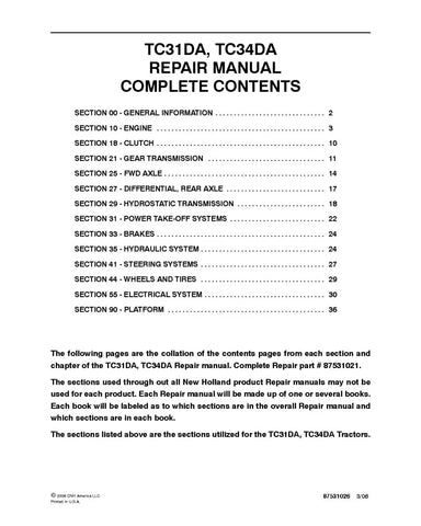 NEW HOLLAND TC31DA AND TC34DA COMPACT TRACTOR REPAIR MANUAL - PDF FILE