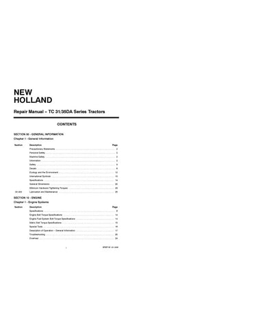 NEW HOLLAND TC31DA AND TC35DA COMPACT TRACTOR REPAIR MANUAL - PDF FILE