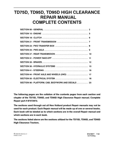 NEW HOLLAND TD75D AND TD95D HIGH CLEARANCE TRACTOR REPAIR MANUAL - PDF FILE