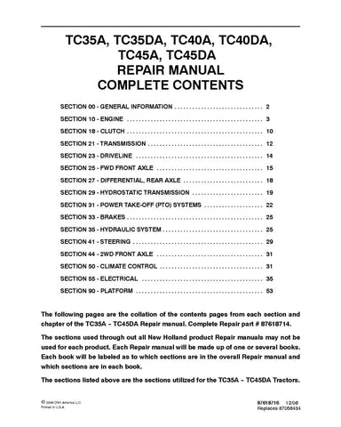 NEW HOLLAND TC35A, TC35DA, TC40A, TC40DA, TC45A AND TC45DA COMPACT TRACTOR REPAIR MANUAL - PDF FILE