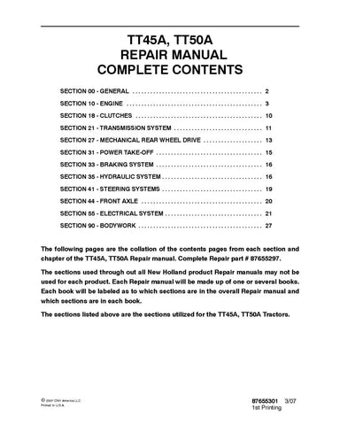 NEW HOLLAND TT45A AND TT50A TRACTOR REPAIR MANUAL - PDF FILE