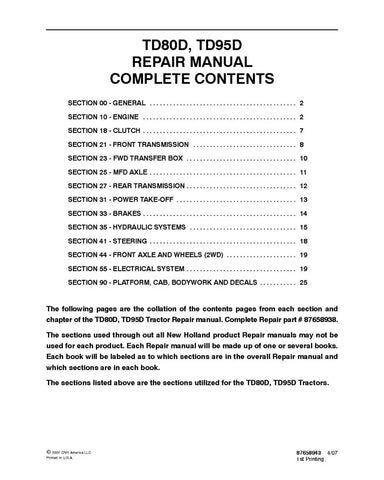 NEW HOLLAND TD80D, TD95D TRACTOR SERVICE MANUAL - PDF FILE