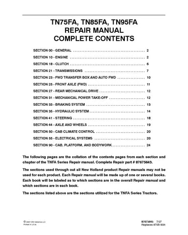 NEW HOLLAND TN75FA, TN85FA AND TN95FA TRACTOR REPAIR MANUAL - PDF FILE