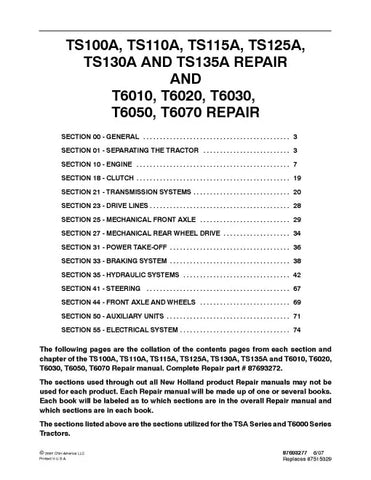 NEW HOLLAND T6010, T6020, T6030, T6050, T6070, TS100A, TS110A, TS115A, TS125A, TS130A AND TS135A TRACTOR REPAIR MANUAL - PDF FILE