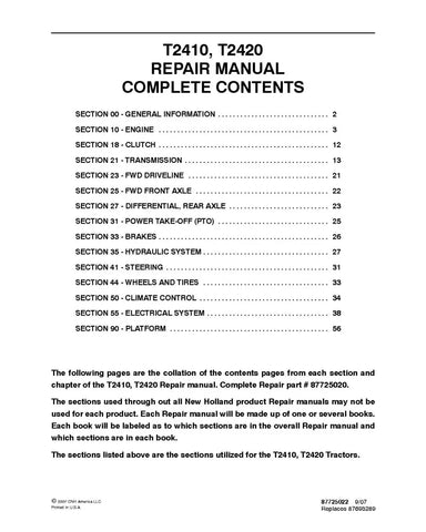 NEW HOLLAND T2410 AND T2420 TRACTOR REPAIR MANUAL - PDF FILE