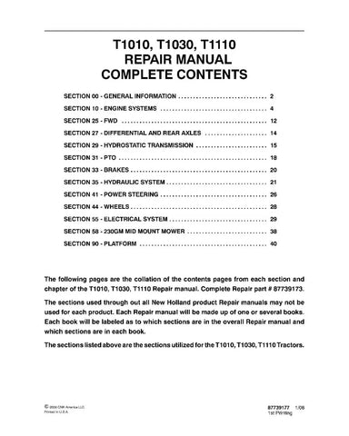 NEW HOLLAND T1010, T1030 AND T1110 COMPACT TRACTOR REPAIR MANUAL - PDF FILE