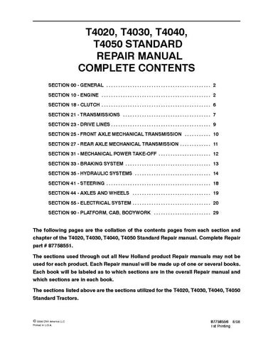 NEW HOLLAND T4020, T4030, T4040 AND T4050 STANDARD TRACTOR REPAIR MANUAL - PDF FILE