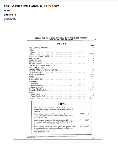 This comprehensive parts catalogue manual offers detailed information on John Deere 882, 883 and 880 Series Two and Three Furrow, Two-way Integral Disk Plows. It includes accurate parts diagrams and complete descriptions for easy identification. Get precise information to complete repairs and maintain peak performance.