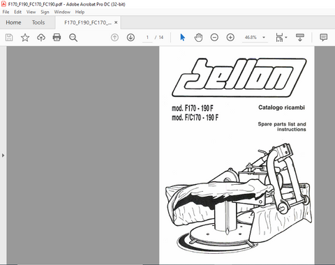 Discover the BELLON F170-190F, F/C170-190F Spare Parts Catalogue Manual, a comprehensive PDF resource designed for efficient maintenance and repair of your equipment. This manual provides detailed diagrams and specifications, ensuring you have all the necessary information at your fingertips to keep your machinery running smoothly.