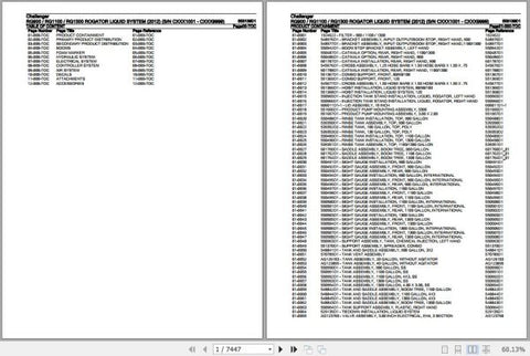Enhance your maintenance and repair capabilities with the CHALLENGER RG900, RG1100, RG1300 ROGATOR Liquid System Spare Parts Catalogue Manual (558139D1). This comprehensive PDF file serves as an essential resource for identifying