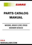 Discover the essential CLAAS MOWER DISCO 8500 C/RC Parts Catalogue Manual, specifically designed for serial numbers F6301001 to F6309999. This comprehensive guide provides detailed information on all parts, ensuring you have the right components for maintenance and repairs.