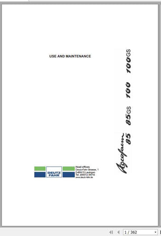 Unlock the full potential of your DEUTZ-FAHR tractor with the comprehensive Use & Maintenance Manual for models 85, 85GS, 100, and 100GS. This PDF file is an essential resource