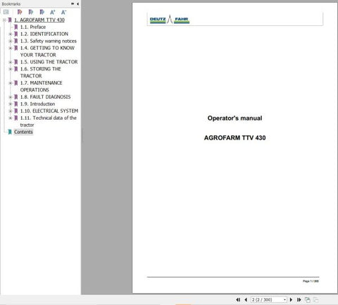 Unlock the full potential of your DEUTZ-FAHR AGROFARM TTV 430 with our comprehensive Operator Manual in PDF format. This essential guide provides detailed instructions