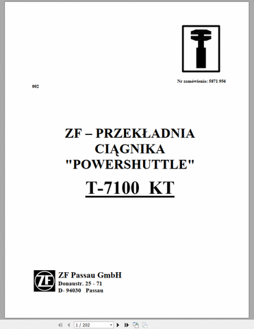 Unlock the full potential of your DEUTZ FAHR T-7100 KT with our comprehensive Transmission Powershuttle Workshop Manual. This PDF file is meticulously designed to provide you with detailed insights and step-by-step instructions, ensuring you can maintain and repair your machinery with confidence.
