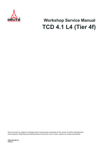 Unlock the full potential of your DEUTZ TCD 4.1 L4 (TIER 4F) engine with the comprehensive Workshop Manual X990.005.086.011, available in a convenient PDF format. This essential guide provides detailed instructions, schematics, and troubleshooting tips to ensure optimal performance and maintenance of your engine. Perfect for both professionals and DIY enthusiasts, this manual is your go-to resource for efficient repairs and servicing, helping you save time and money while keeping your equipment running smoo