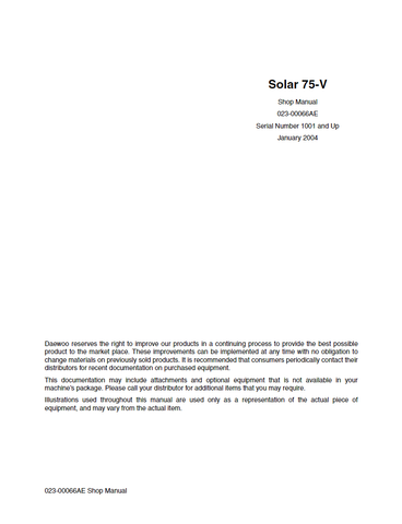 Deawoo Doosan Solar 75-V Excavator Shop Service Repair Manual 023-00066AE - PDF File Download