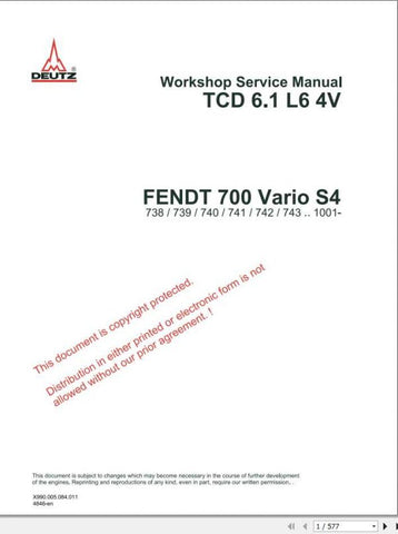 DEUTZ TCD 6.1 L6 4V DIESEL ENGINE 72618982 WORKSHOP SERVICE MANUAL - PDF FILE