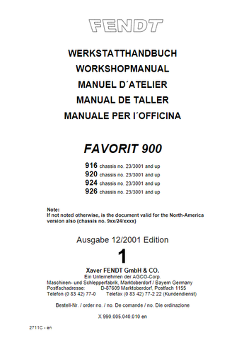 FENDT FAVORIT FARMER VARIO 400, 700, 900, F400, F700, F900, 409, 410, 411, 412, 916, 920, 924, 926, 711, 712, 714, 716, 1999, 2000, 2001, 200 Tractor Service Repair Manual - PDF File Download
