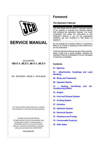 Discover the essential JCB Compact Excavator Service Manual, designed specifically for models 100 C-1, 85 Z-1, 86 C-1, and 90 Z-1. This comprehensive guide, EN-9813/2700-ISSUE 2-2016-09-28, provides detailed insights into maintenance, troubleshooting, and repair procedures, ensuring your equipment operates at peak performance.