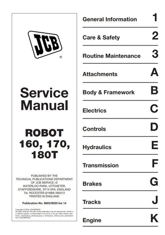 Unlock the full potential of your JCB 160, 170, and 180T with the comprehensive ROBOT SERVICE MANUAL - 9803/8520. This essential guide is designed to provide you with detailed insights and step-by-step instructions for maintenance and repairs, ensuring your machinery operates at peak performance.