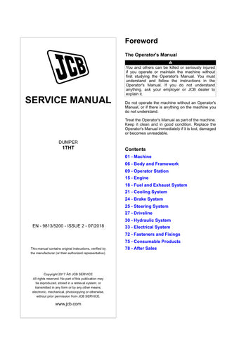 Discover the essential JCB 1THT Dumper Service Manual - 9813/5200, your go-to resource for maintaining and servicing your dumper with confidence. This comprehensive manual provides detailed instructions, diagrams, and specifications to ensure your equipment operates at peak performance.