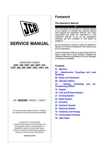  Ensure your JCB machinery operates at peak performance with the comprehensive JCB 225T, 250, 250T, 260, 260T, 270, 270T, 280, 300, 300T, 320T, 325T, and 330 Service Manual - 9813/7450. This essential guide provides detailed instructions and specifications tailored for each model, making maintenance and repairs straightforward and efficient.
