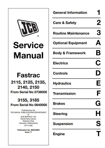 Discover the ultimate resource for maintaining your JCB FASTRAC series with the comprehensive service manual covering models 3155, 3185, 2115, 2125, 2135, 2140, and 2150. This manual, designated 9803/8020, is designed to provide you with detailed insights and step-by-step instructions to ensure your machinery operates at peak performance.