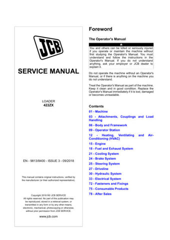 Discover the essential JCB 422ZX Wheel Loader Service Manual, designed to provide comprehensive guidance for maintenance and repair. This manual, identified as 9813/8400 – Issue 3, dated September 2018, is an invaluable resource for technicians and operators alike, ensuring optimal performance and longevity of your equipment.