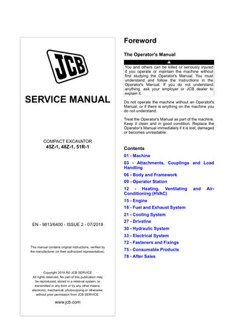Enhance your maintenance capabilities with the JCB 45Z-1, 48Z-1, and 51R-1 Compact Excavator Service Manual. This comprehensive guide, issued in July 2018, is designed to provide you with detailed insights and instructions for servicing these powerful machines. With clear diagrams and step-by-step procedures, you can ensure optimal performance and longevity of your equipment.