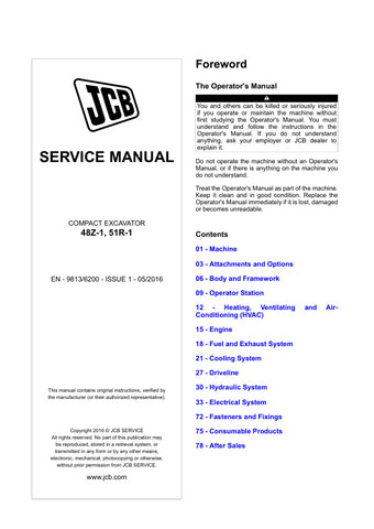 Unlock the full potential of your JCB 48Z-1 and 51R-1 Compact Excavators with the comprehensive Service Manual (9813/6200). This essential guide provides detailed insights into maintenance, troubleshooting, and repair procedures, ensuring your machinery operates at peak performance.