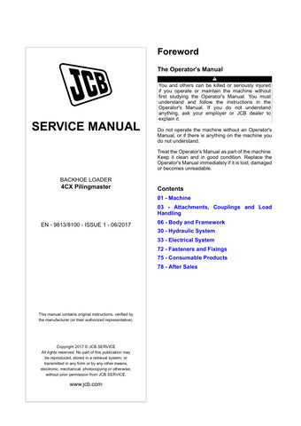 Discover the essential JCB 4CX Pilingmaster Service Manual, model numbers 2442701 and 2509500, designed for professionals who demand precision and reliability in their machinery. This comprehensive guide provides detailed insights into the operation, maintenance, and troubleshooting of your JCB 4CX Pilingmaster, ensuring optimal performance and longevity.