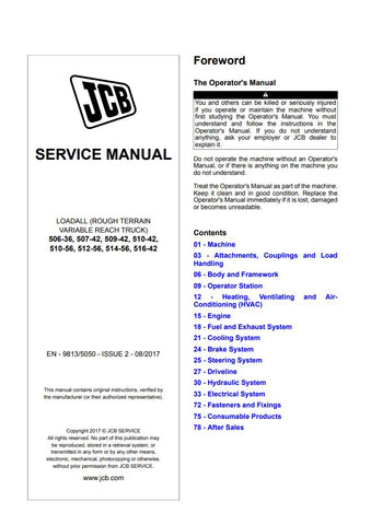 Unlock the full potential of your JCB Loadall with the comprehensive JCB 506-36, 507-42, 509-42, 510-42, 510-56, 512-56, 514-56, 516-42 Service Manual - 9813/5050. This essential guide is designed to provide you with detailed insights and step-by-step instructions for maintenance and repairs, ensuring your equipment operates at peak performance.