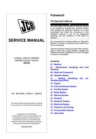 Enhance your maintenance capabilities with the JCB 525-60 Telescopic Handler Service Manual (EN-9813/3900-ISSUE 3-02/2018). This comprehensive guide is designed specifically for the JCB 525-60 model, providing detailed instructions and insights to ensure optimal performance and longevity of your equipment.